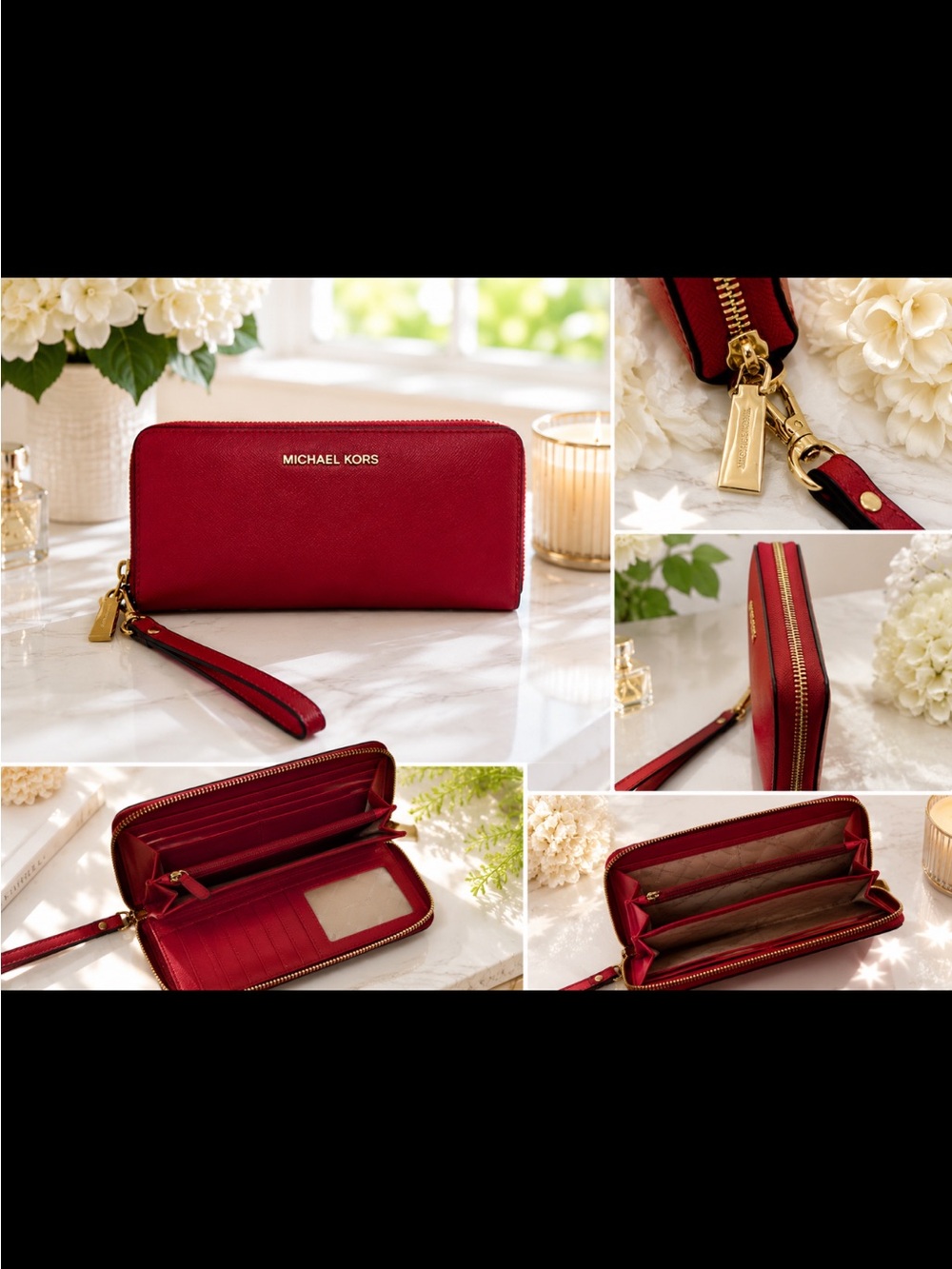 Michael Kors Red Zip-Around Saffiano Leather Wristlet Wallet with Gold Hardware